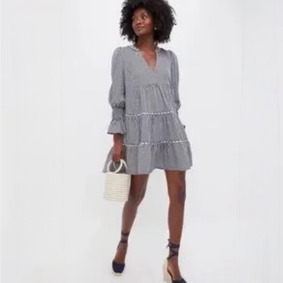 Pomander Place Navy Gingham Tiered Babydoll Mini Dress Smocked Cuffs Size S EUC - Picture 4 of 8